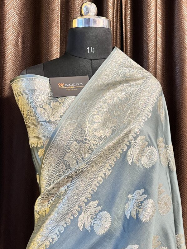 Banarasi Pure Katan Meenakari Saree (Ash Color) - Image 3