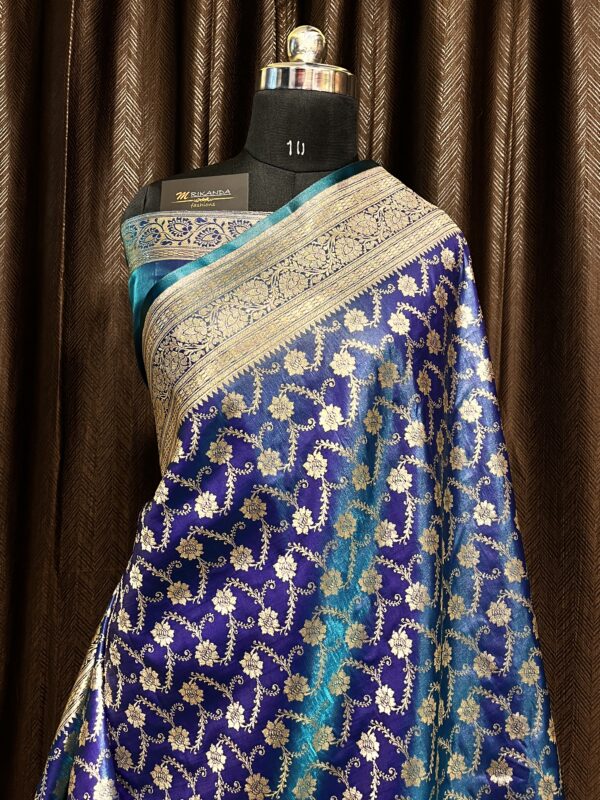 Banarasi Pure Jaal Katan Silk Saree (Teal Blue) - Image 2